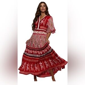 Raga Luisa Red Bohemian Crochet Trim Maxi Dress, Size S (New)